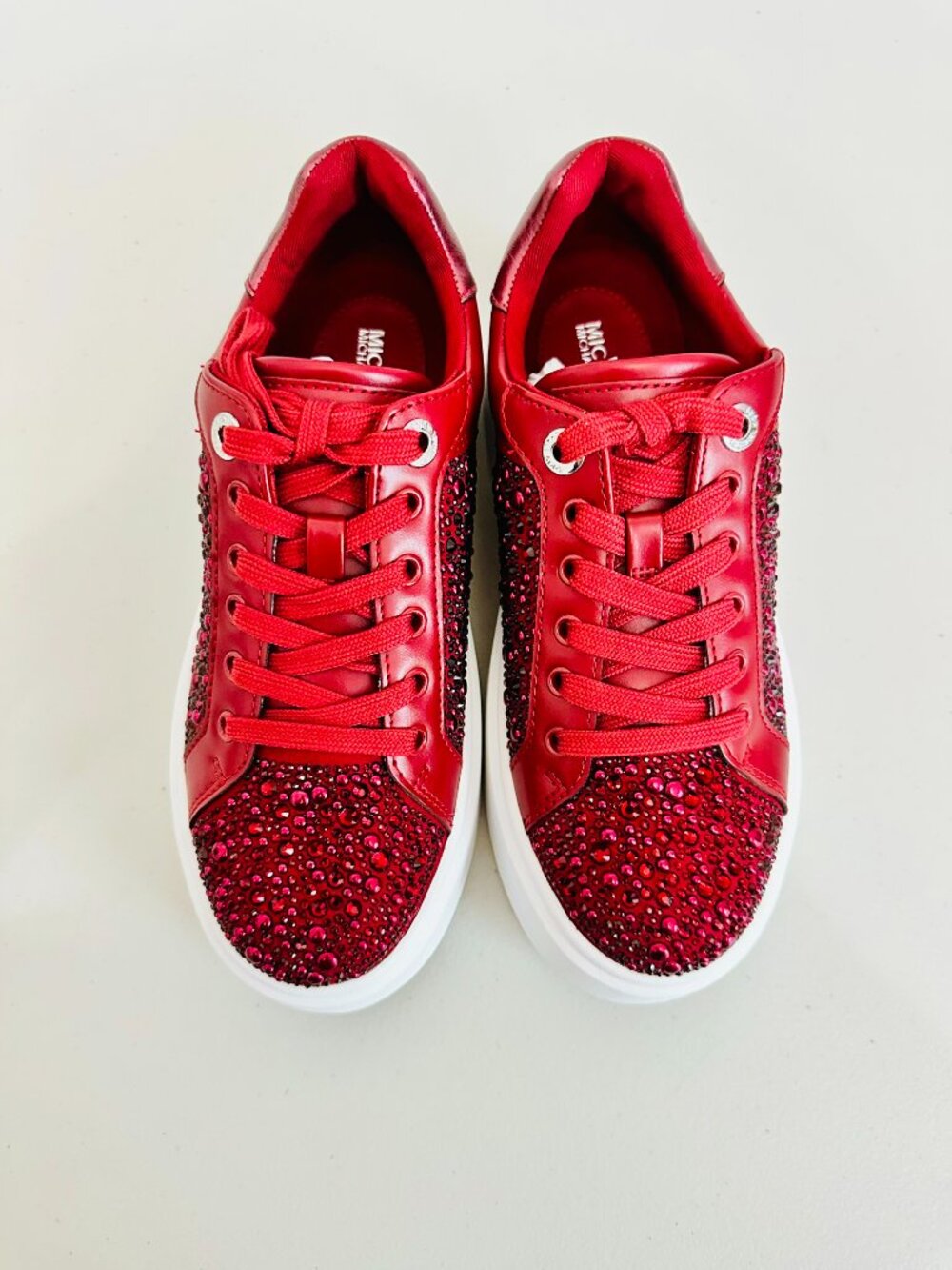 MICHAEL KORS ROMEY LACE-UP CHERRY RED CRYSTAL STUDDED FAUX LEATHER SNEAKERS 6.5M - Picture 2 of 11